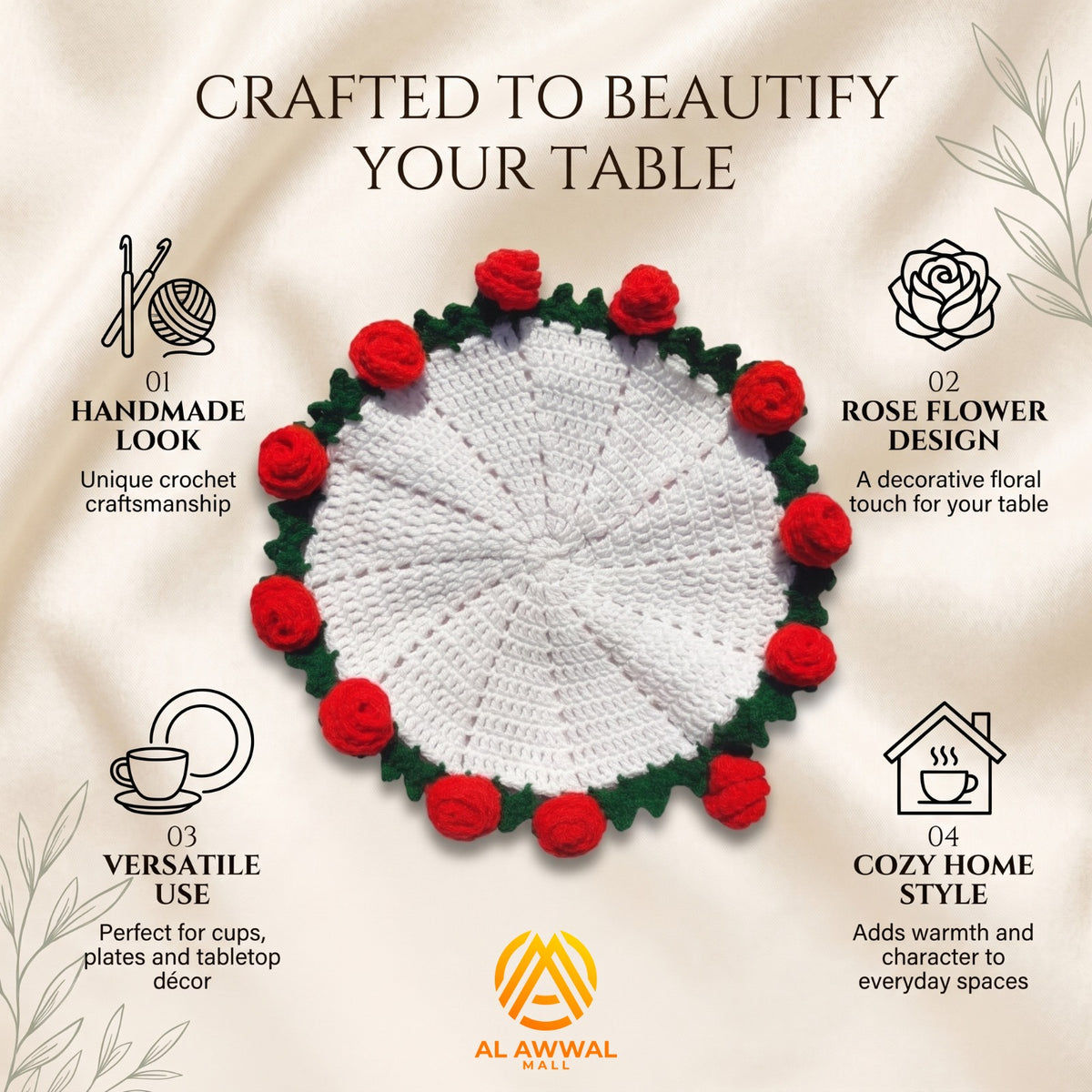 Handmade Crochet Round Table Mat with Red Roses & Green Leaf Details
