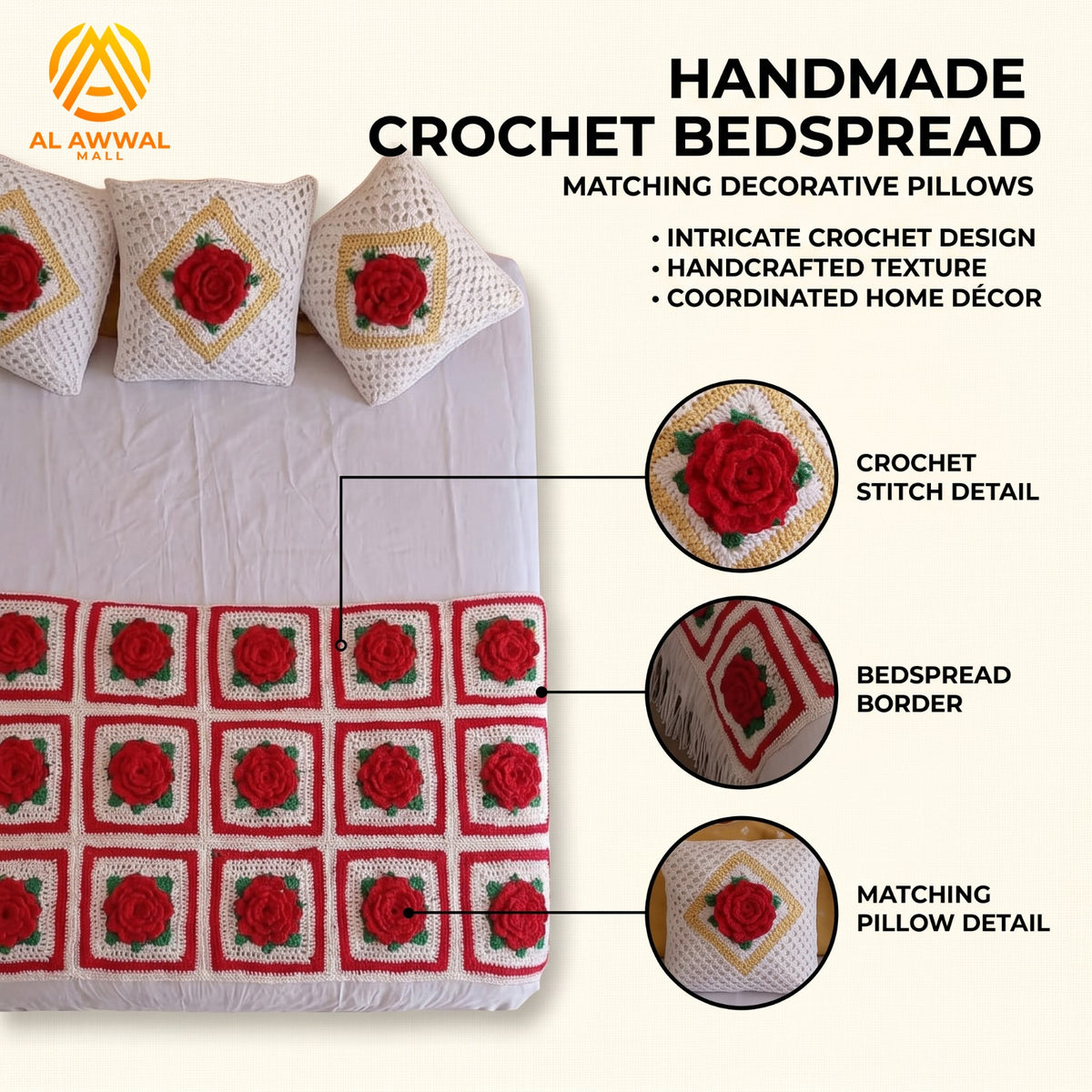 White Crochet Blanket with Red Rose Block Design & Matching Pillow Covers