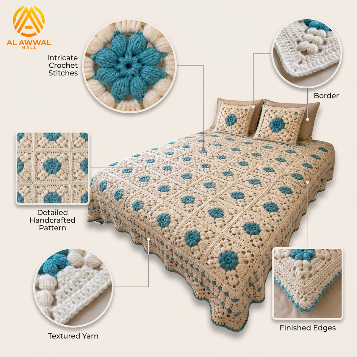 Simple Crochet Bedsheet with Square Block Design & Green Floral Motifs