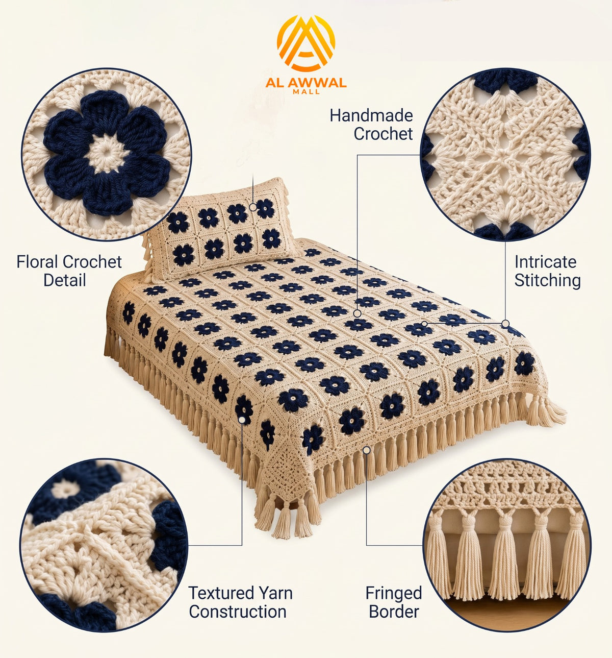 Cream Crochet Bedsheet with Navy Blue Square Motifs & Decorative Border