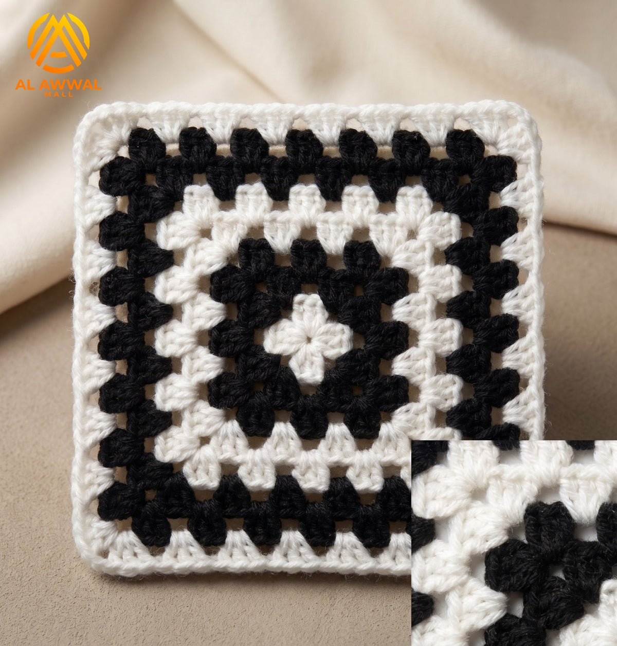 Handmade Crochet Square Cup Mat with Black & White Row Pattern