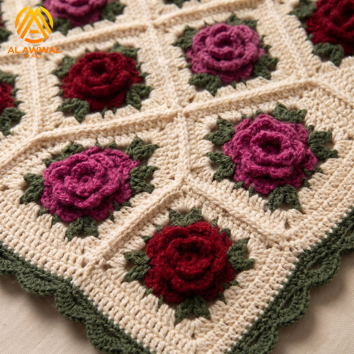3D Two-Tone Rose Crochet Blanket with Green Lace Border