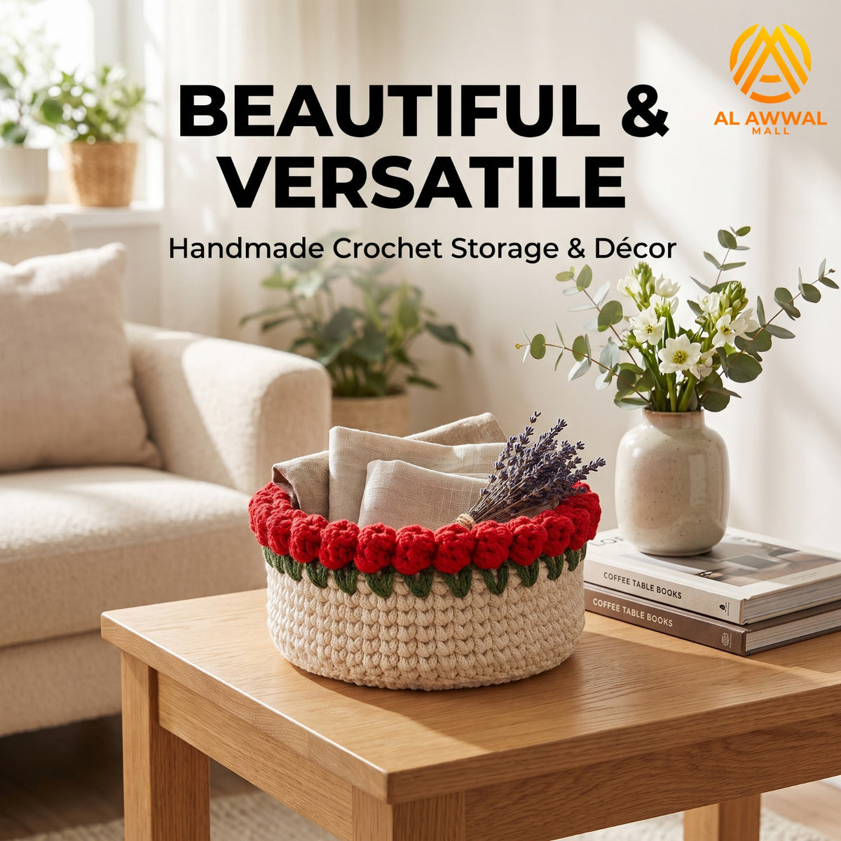 Handmade Crochet Cream Bowl-Shaped Basket with Red Roses and Green Leaves