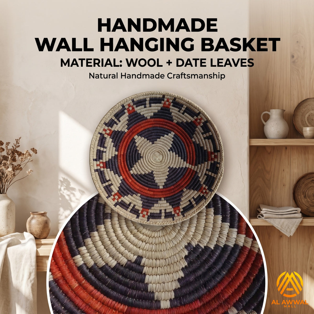 Handmade Dried Leaf Round Wall Hanging with Mustard and Black Star Design