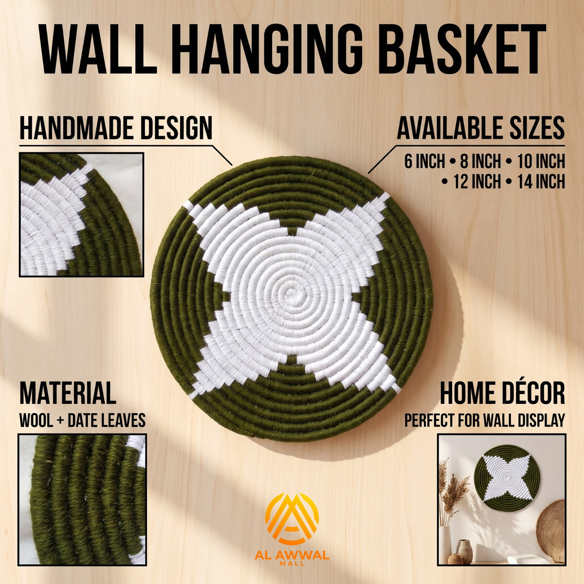 Handmade Green Wool-Covered Leaf Wall Hanging with Star Design – Multiple Designs & Sizes
