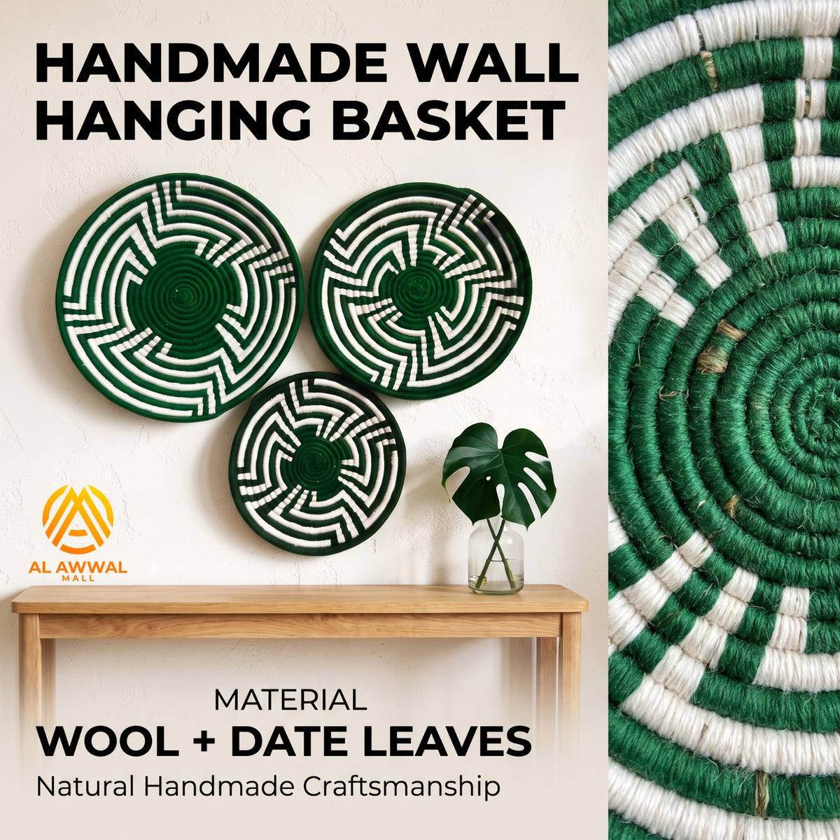 Aesthetic Green and White Wool-Covered Dried Leaf Wall Hanging