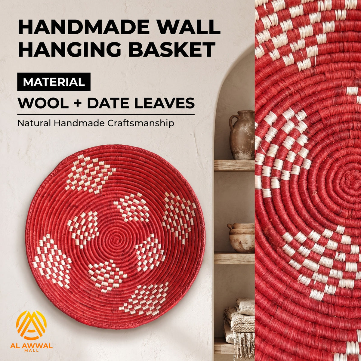 Handmade Dried Date Leaves Wall Hanging in Red with Cream Dotted Details