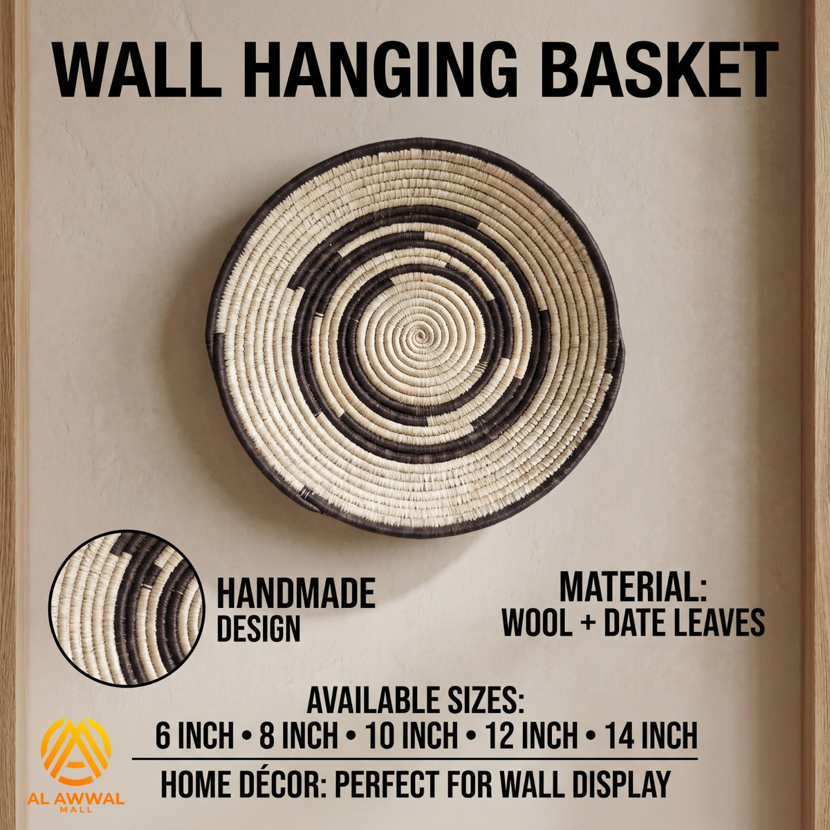Handmade Dried Date Leaves Wall Hanging with Cream Base and Black Border