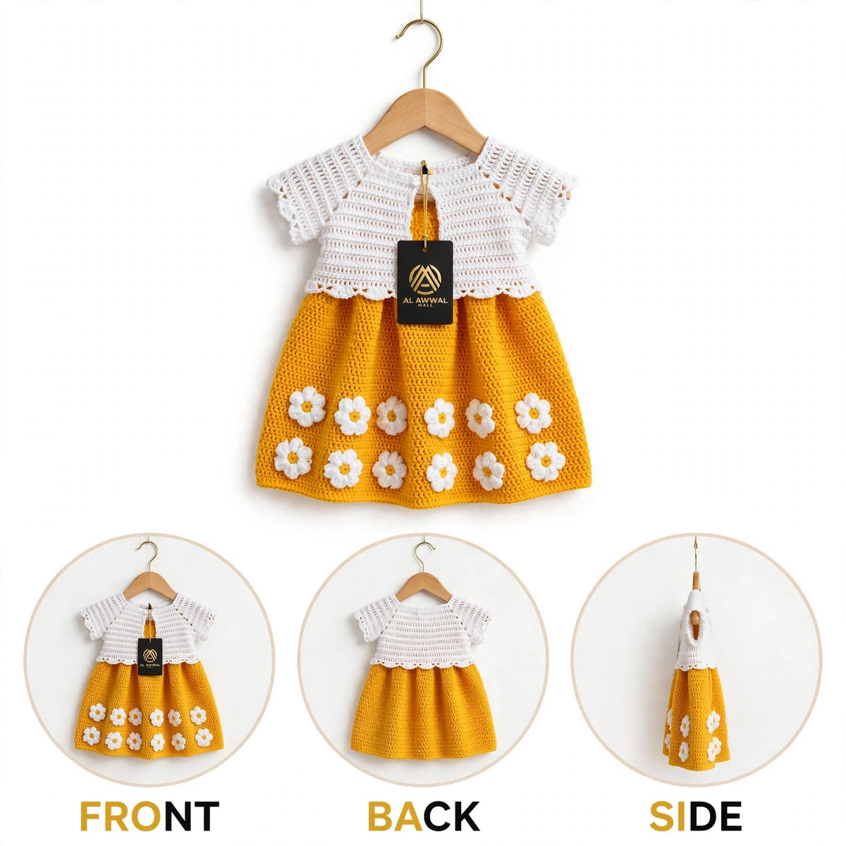 Handmade Crochet Baby Girl Frock β Yellow Dress with White Jacket & Floral Details