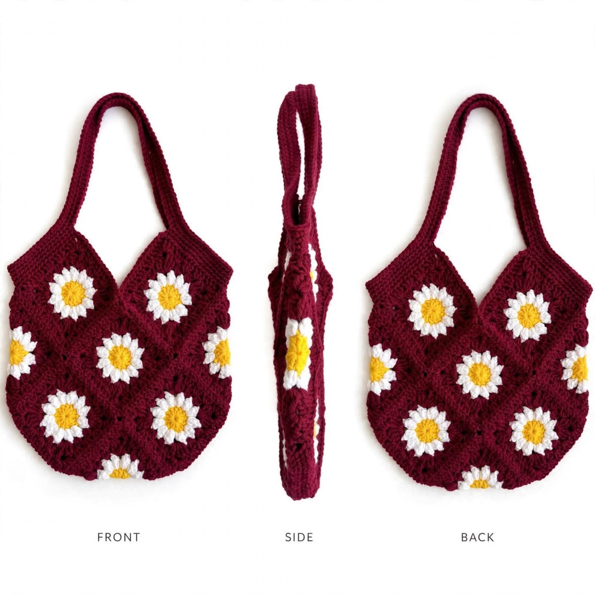 Handmade Crochet Daisy Bag β Maroon with White Petals & Yellow Centers