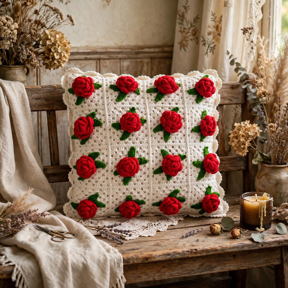 Handmade Crochet Cushion Cover β White with Red Rose & Green Leaf Pattern