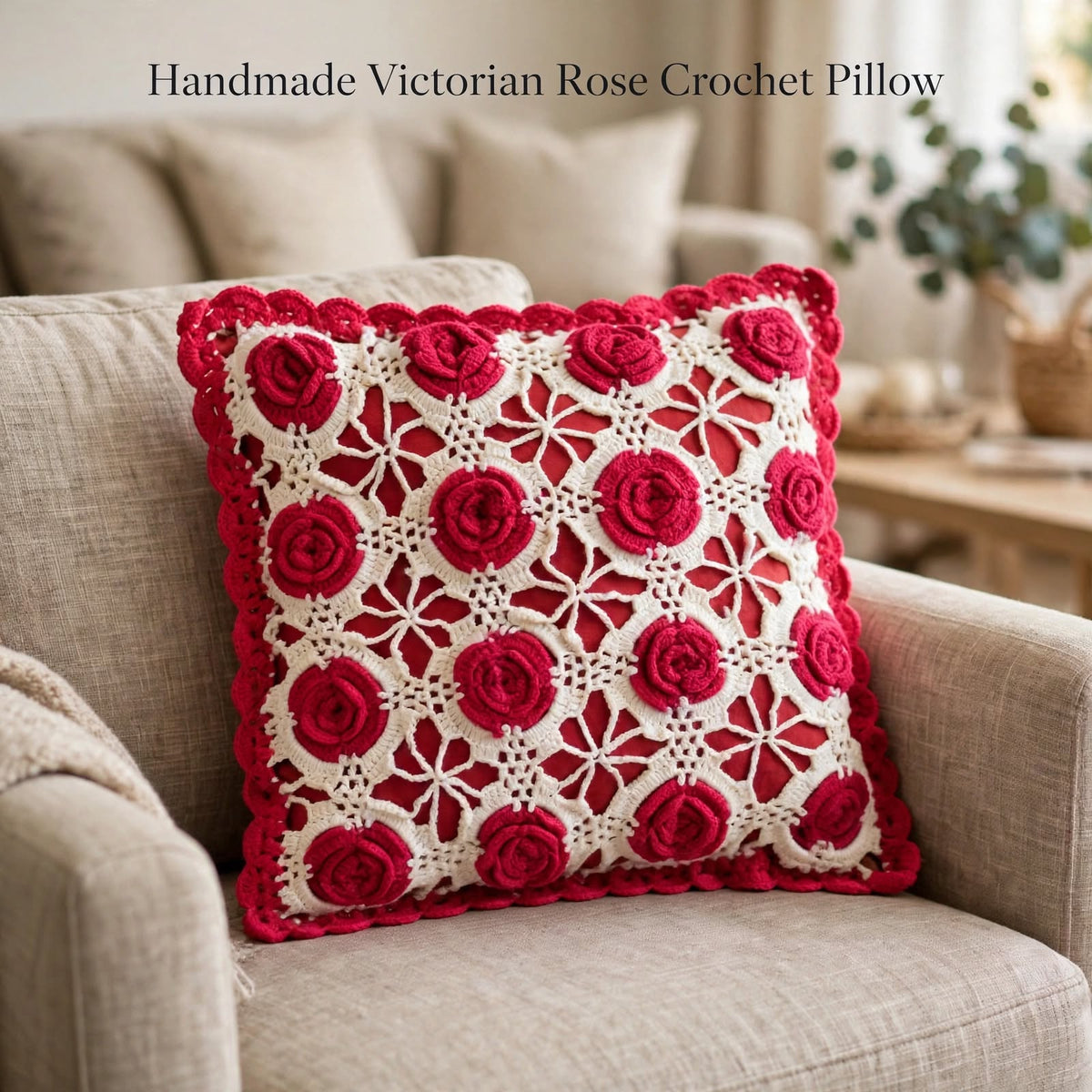 Handmade Crochet Star-Shaped Cushion β Red Rose Floral Design