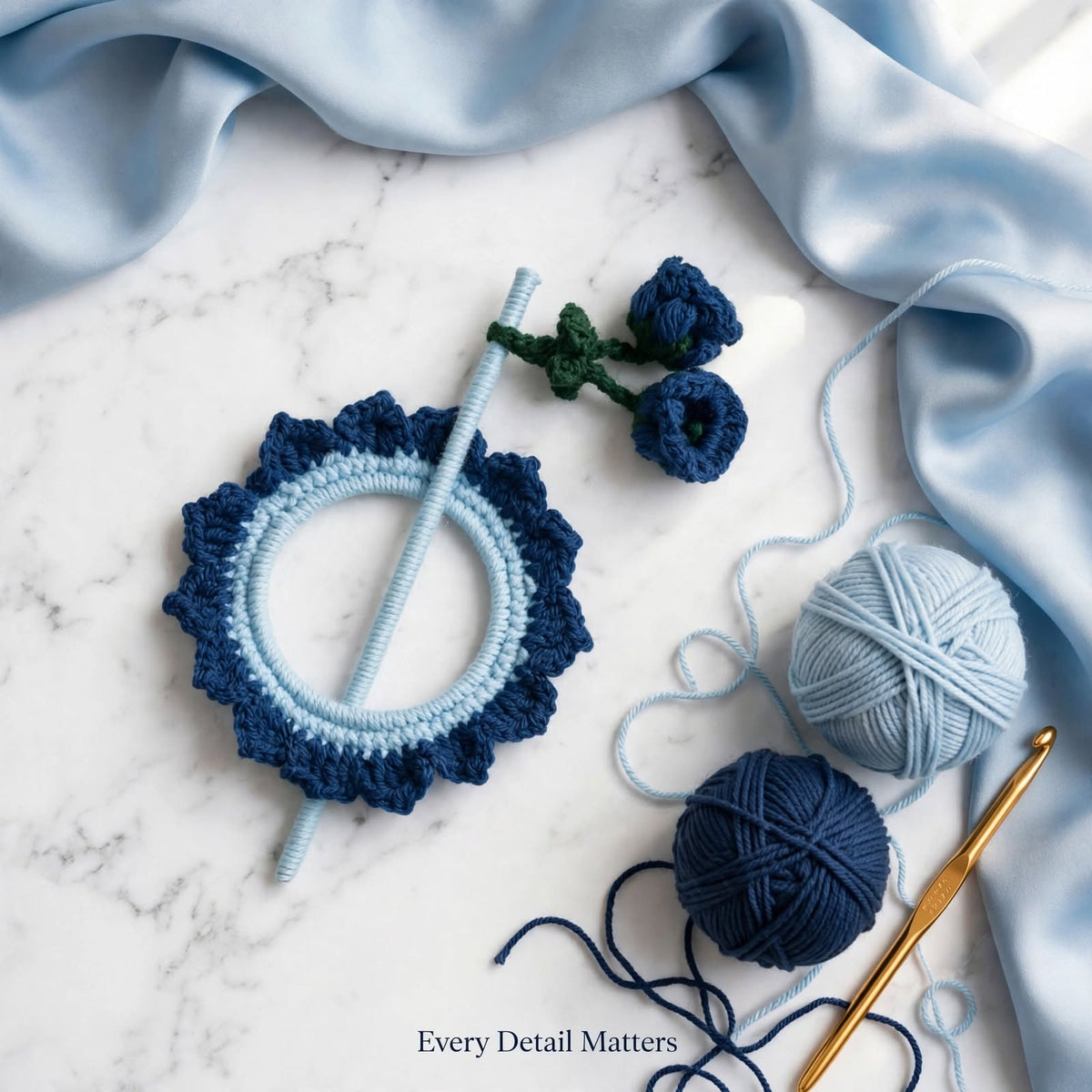 Handmade Crochet Vine Flower Bun Stick Pin β Wine Blue & Ocean Grey Design