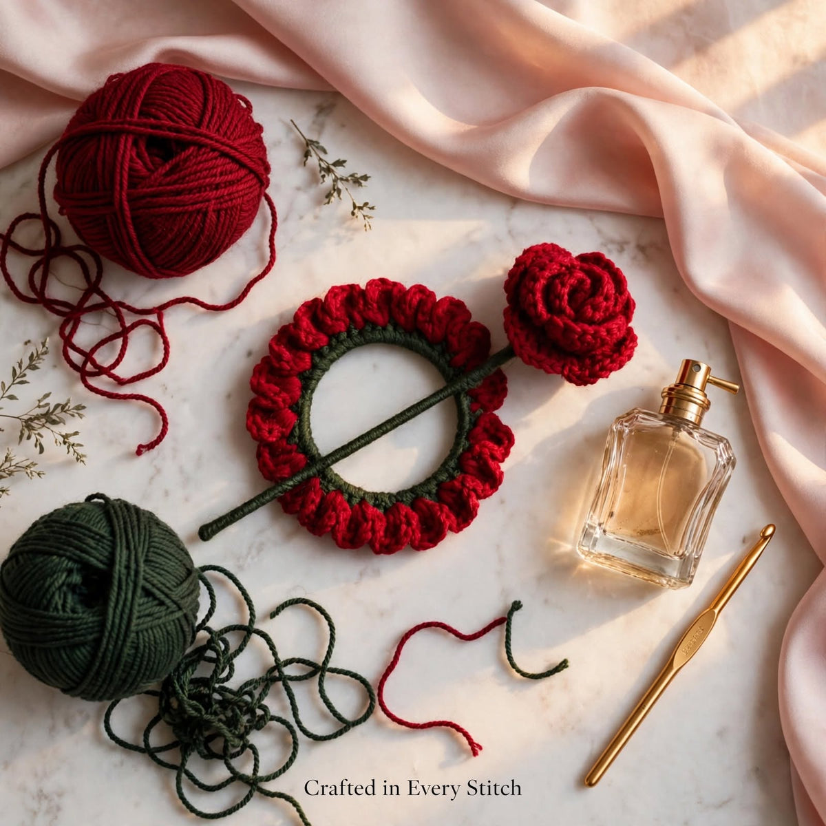 Handmade Crochet Red Rose Petal Bun Stick Pin β Dark Green Ring & Stick