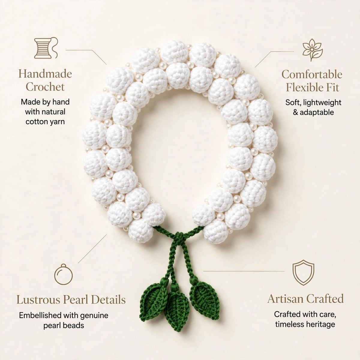 Handmade Crochet Hair Bun Cover – Pure White with Green Leaf Details