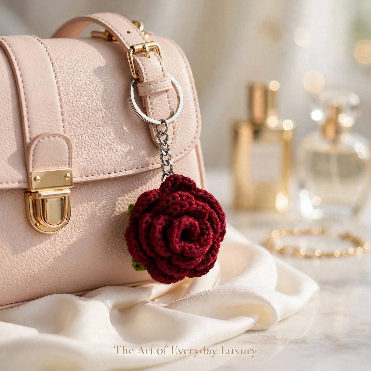 Handmade Crochet Maroon Rose Keychain β Green Leaf Touch