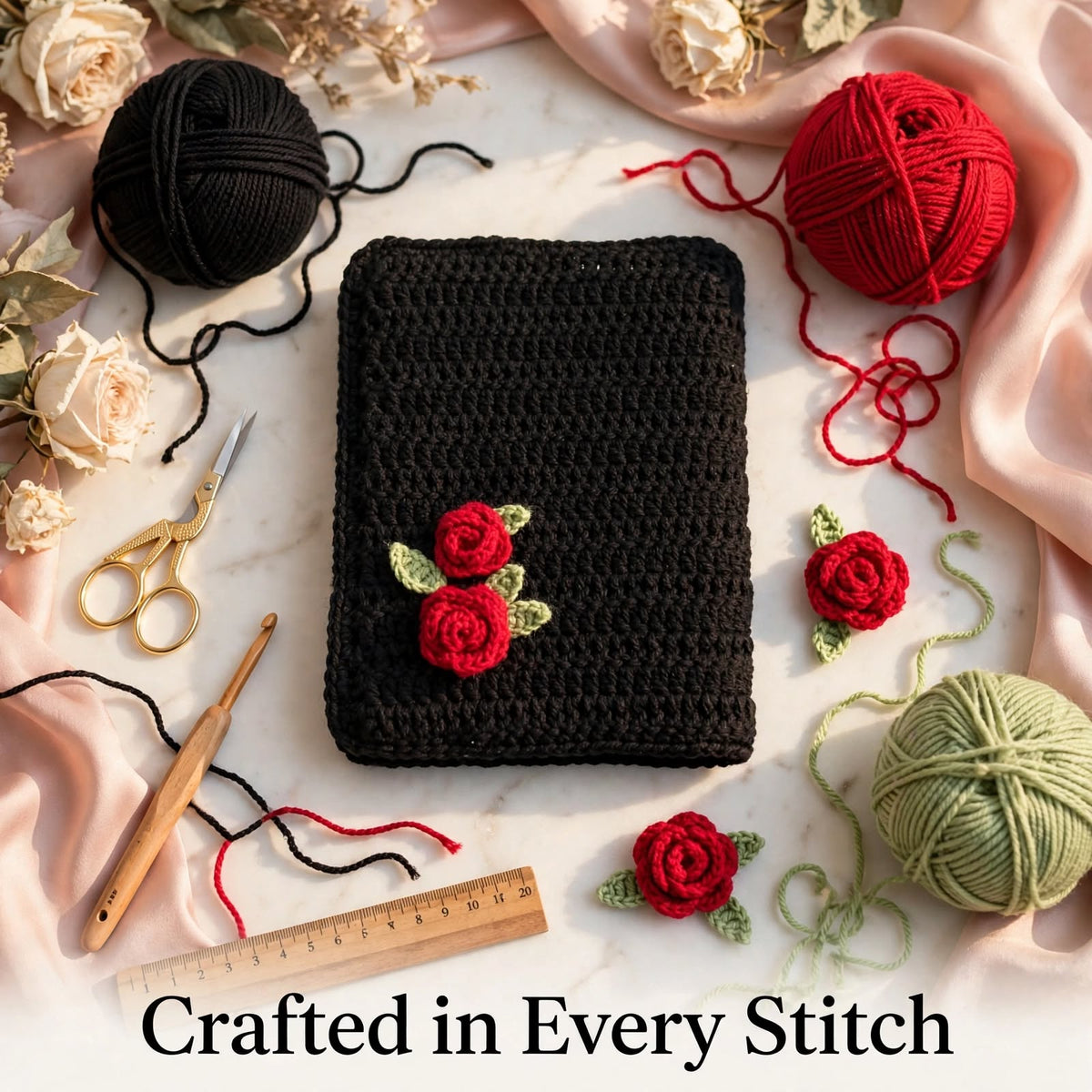 Handmade Crochet Quran Cover β Pure Black with Red Rose Flowers