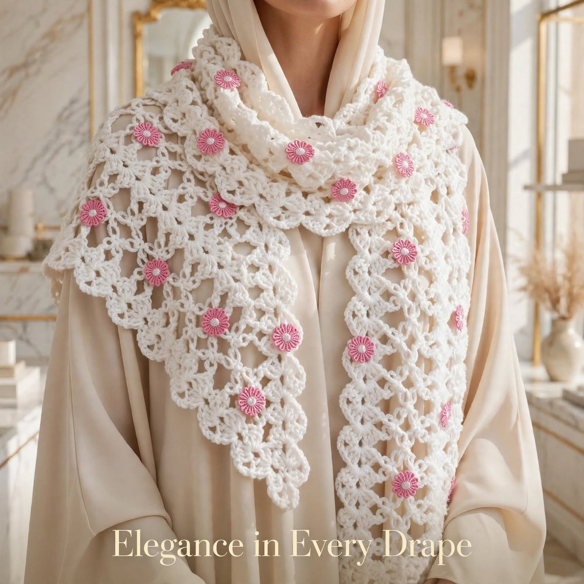 Handmade Crochet Shawl & Scarf – White with Baby Pink Floral Design