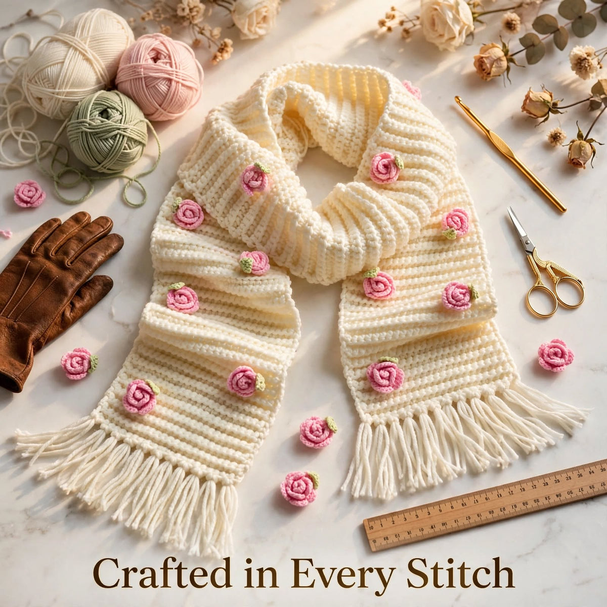 Handmade Crochet Cream Floral Scarf – Beige Flower Detail