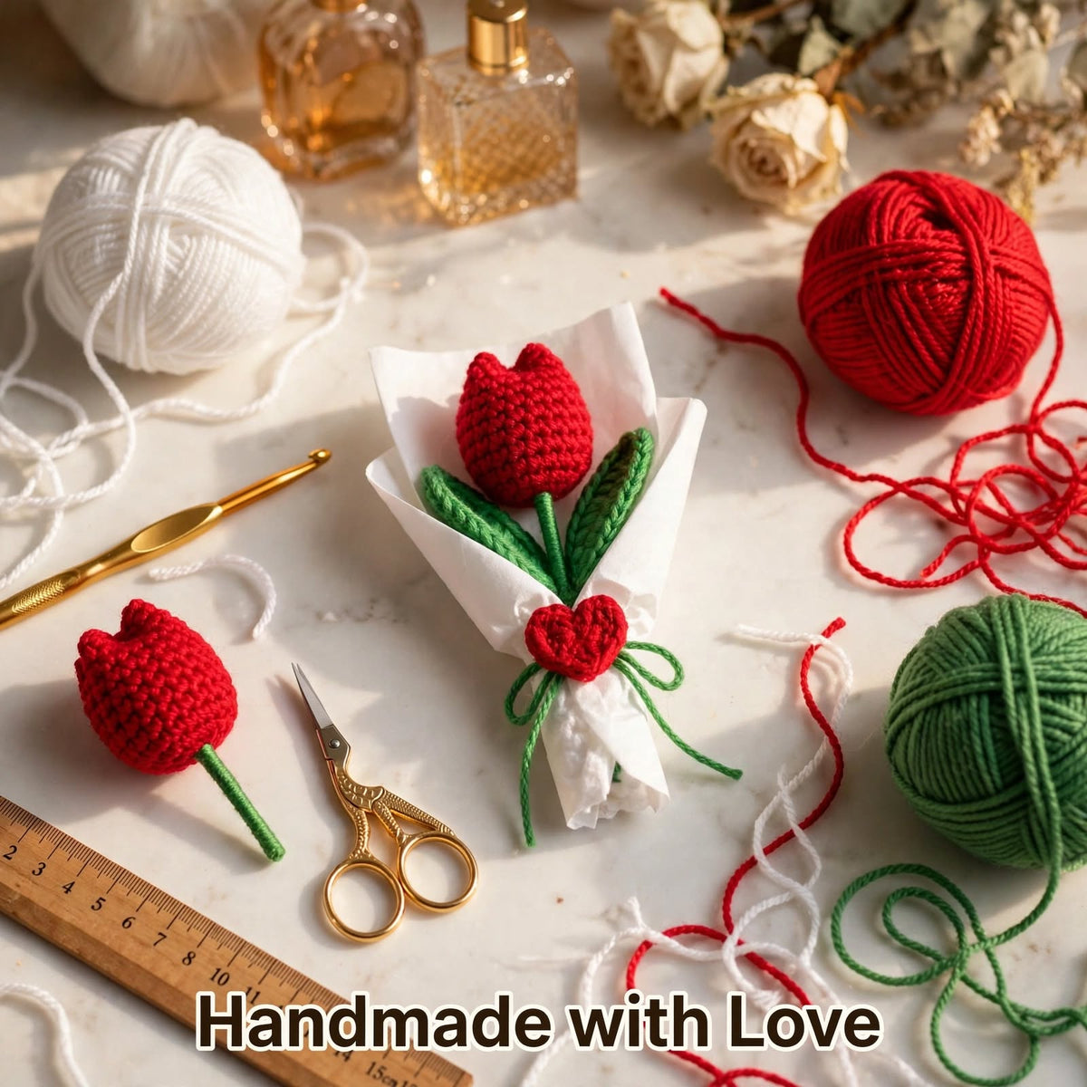 Handmade Crochet Tulip Bud Bouquet β Maroon Flowers with Green Leaves & Heart Detail