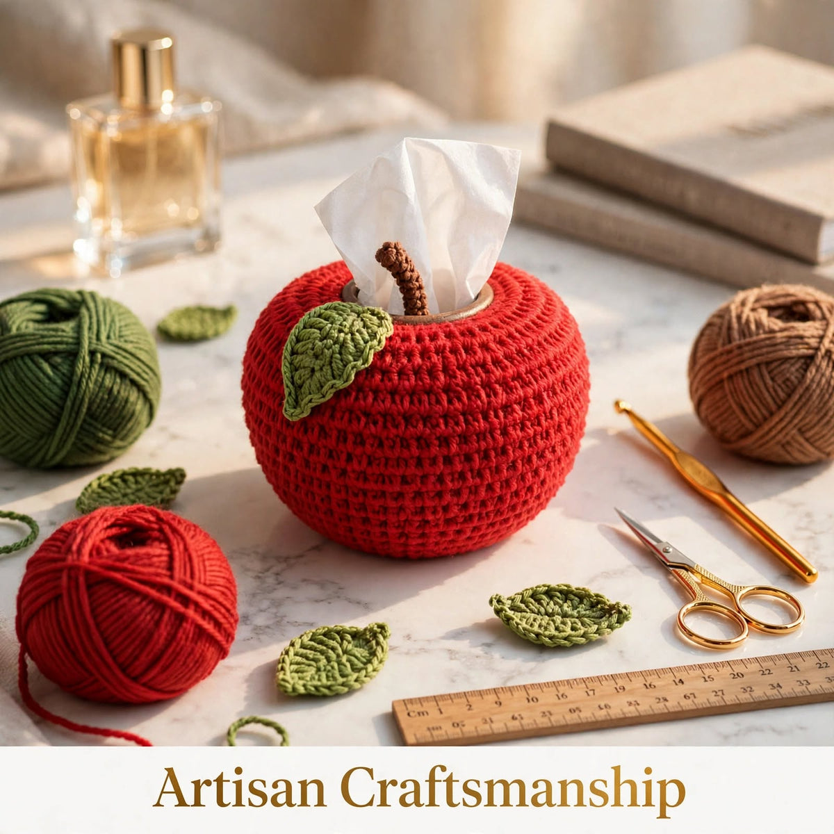 Handmade Crochet Apple-Style Tissue Box Cover β Round Top with Green Leaf
