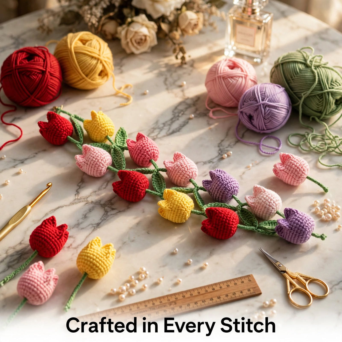 Handmade Crochet Tulip Flower Wall Garland β Multicolor Floral Hanging