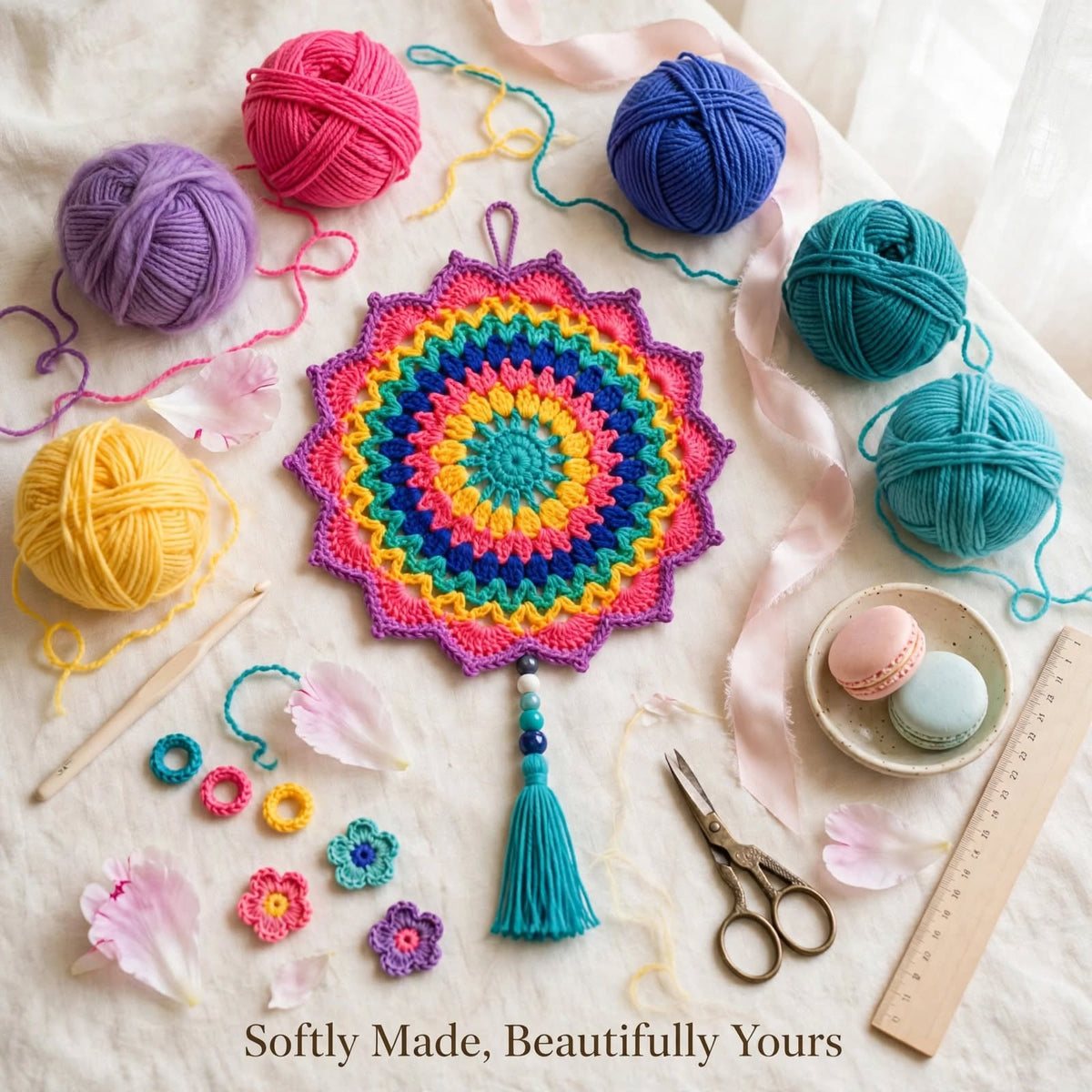 Handmade Crochet Multicolor Mandala Wall Hanging β Petal Edge & Pearl Tassel