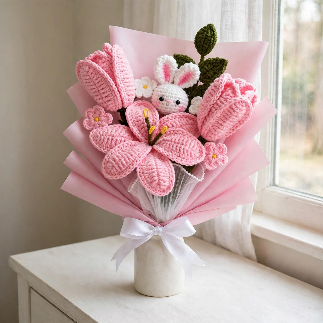 Baby Pink Mixed Flower Bouquet with Tulips, Daisies, Green Leaves and Rabbit Teddy
