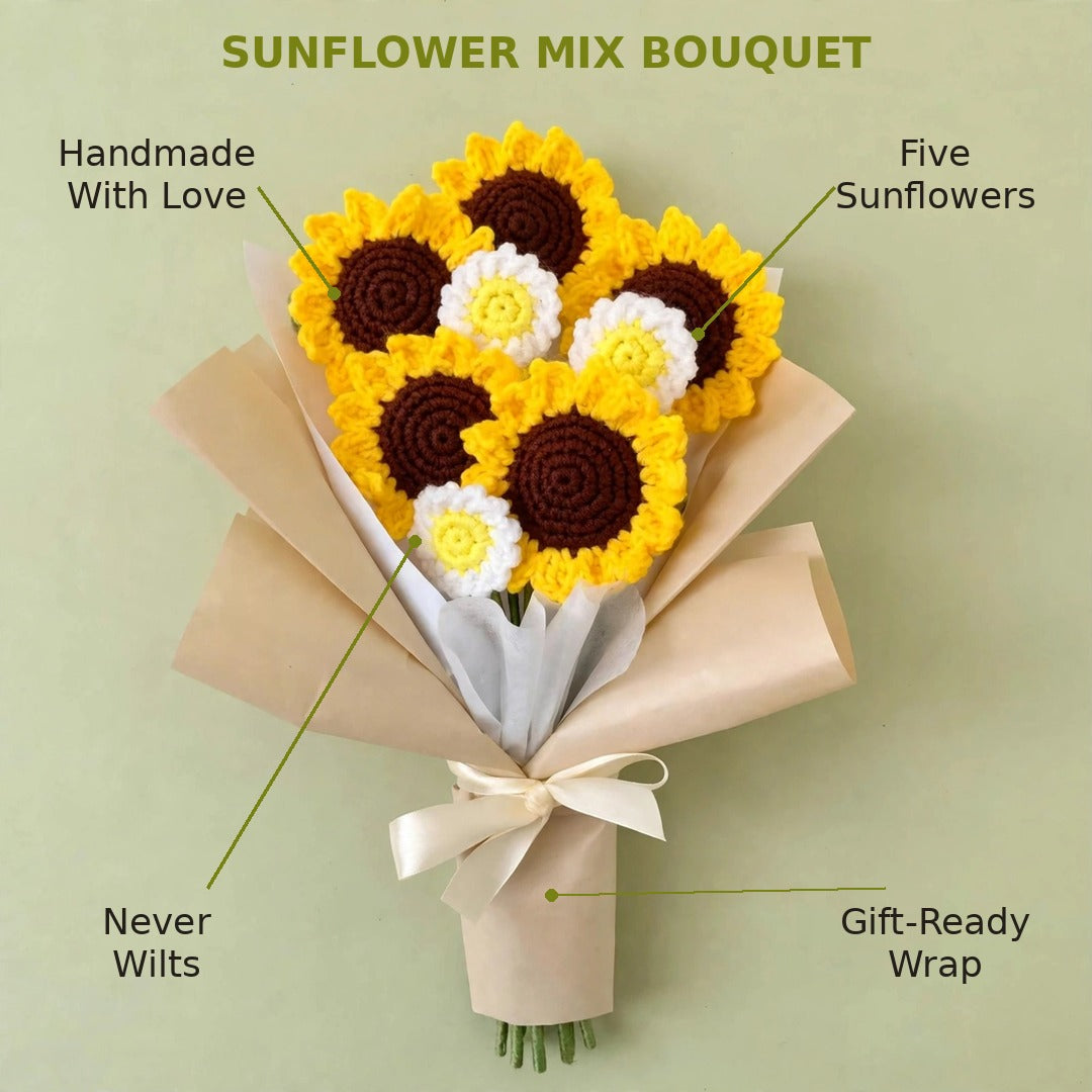 Handmade Sunflower Bouquet with Daisy Flowers, Green Leaves and Gift Wrapping