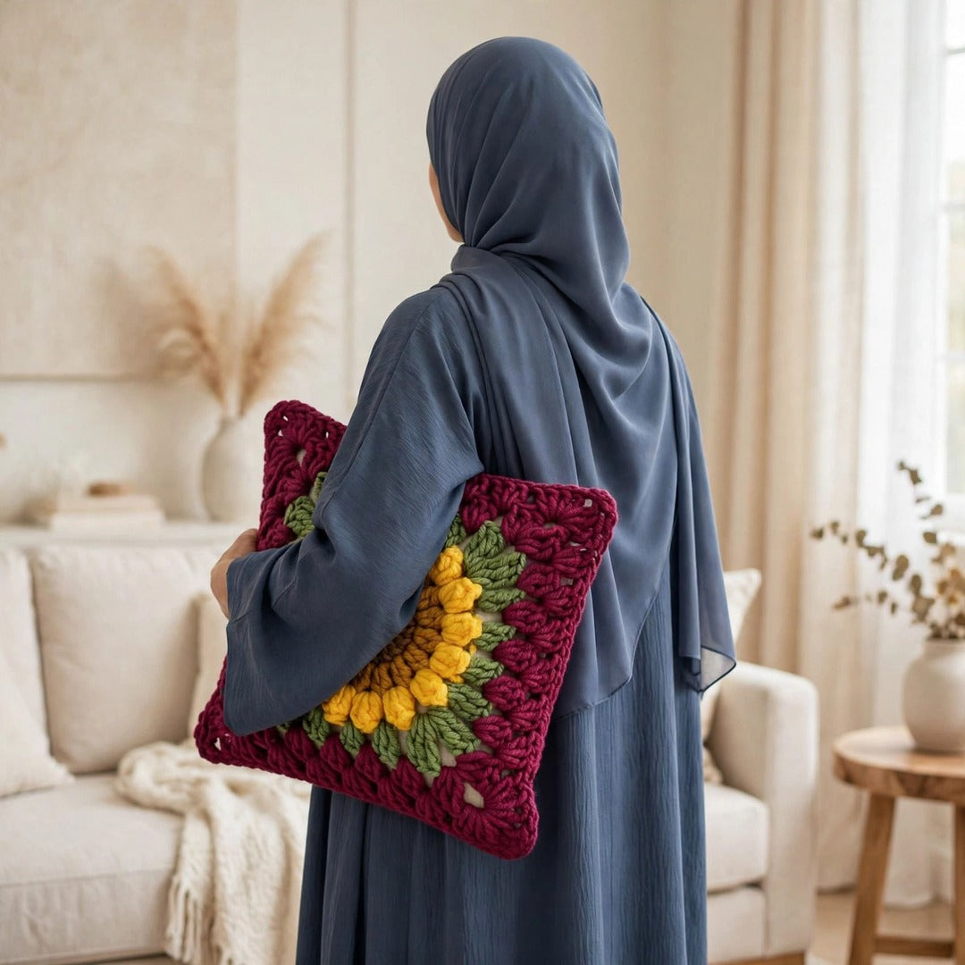 Handmade Crochet Maroon Cushion Cover with Sunflower Design