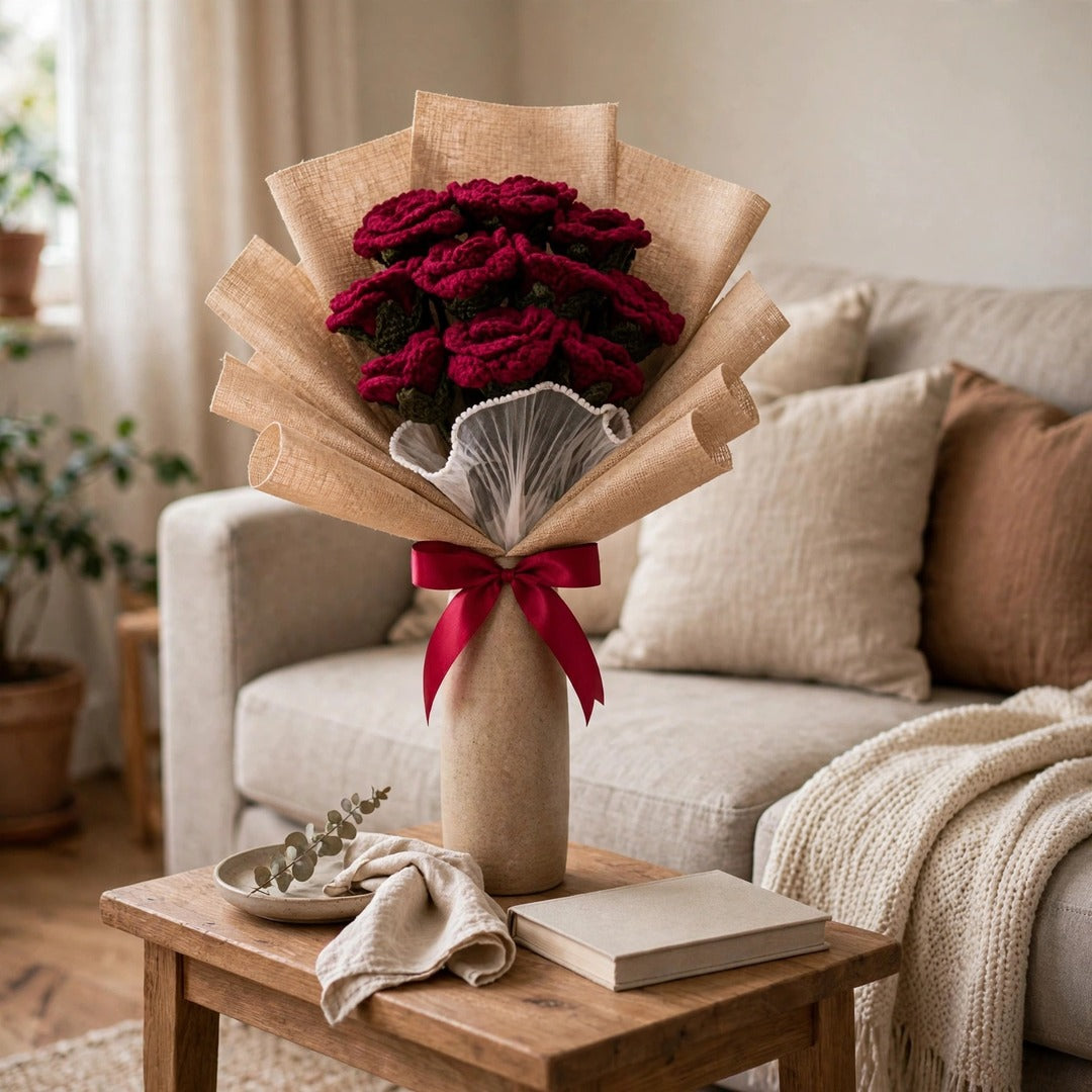 Maroon Rose Bouquet with Burlap Wrapping & Ribbon Bow