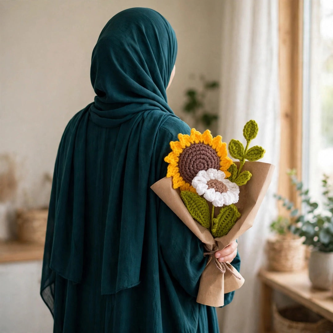 Sunflower & White Daisy Bouquet with Green Leaves