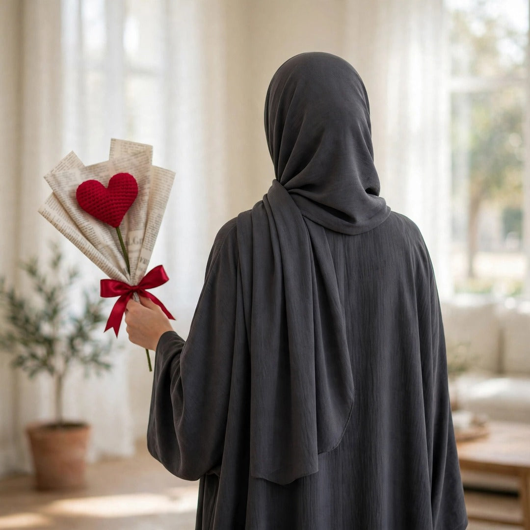 Single Heart-Shaped Flower with Newspaper Wrapping and Red Ribbon Bow