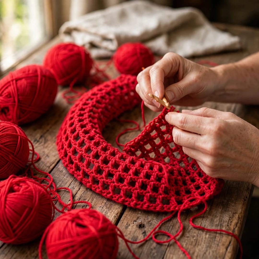 Handmade Crochet Red High-Low Top with Bell Sleeves and Starfish Tag