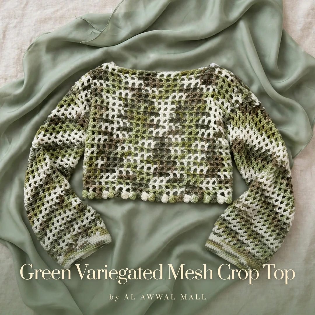Handmade Crochet Top in Mixed Green and White with Ribbed Cuffs