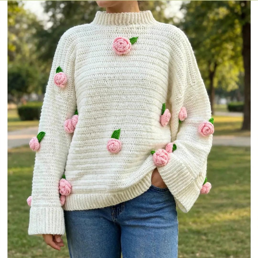 Handmade Crochet Top with Ribbed Texture, Round Neck, Rose Flowers and Green Leaves