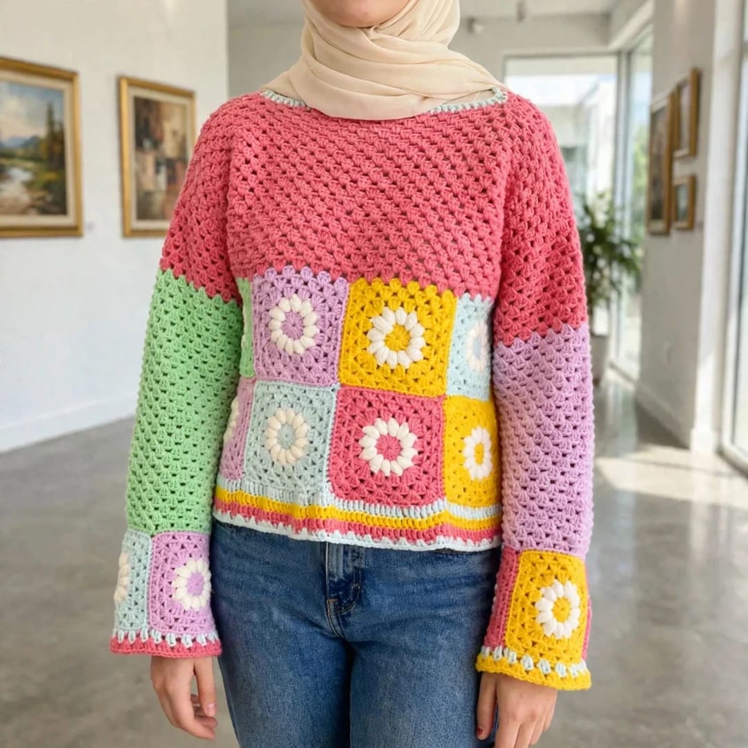 Handmade Crochet Pink Top with Daisy Granny Squares in Pink, Mint and Lavender