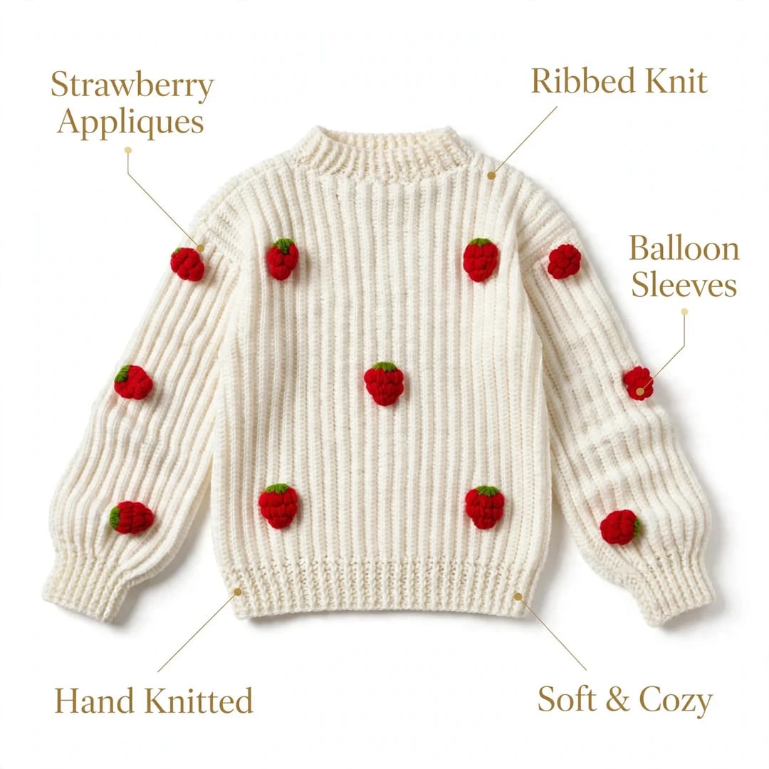Handmade Crochet White Top with 3D Strawberry Appliques and Ribbed Cuffs