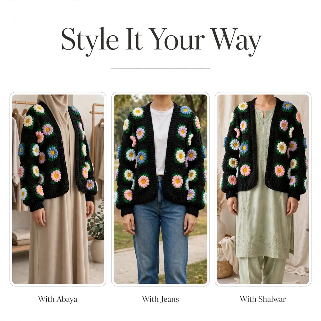 Handmade Crochet Black Open Front Cardigan with Multicolor Daisy Flowers and Ribbed Cuffs