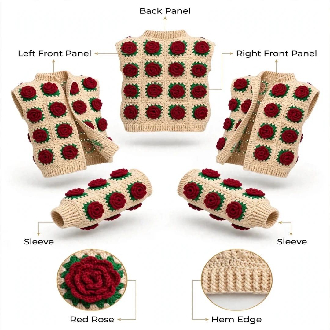 Handmade Crochet Beige Open Front Cardigan with Red Rose Appliques and Ribbed Cuffs