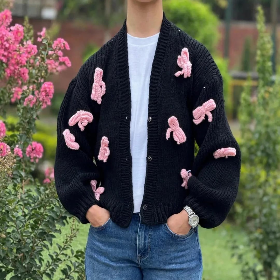 Handmade Crochet Black Open Front Cardigan with Pink Bow Appliques