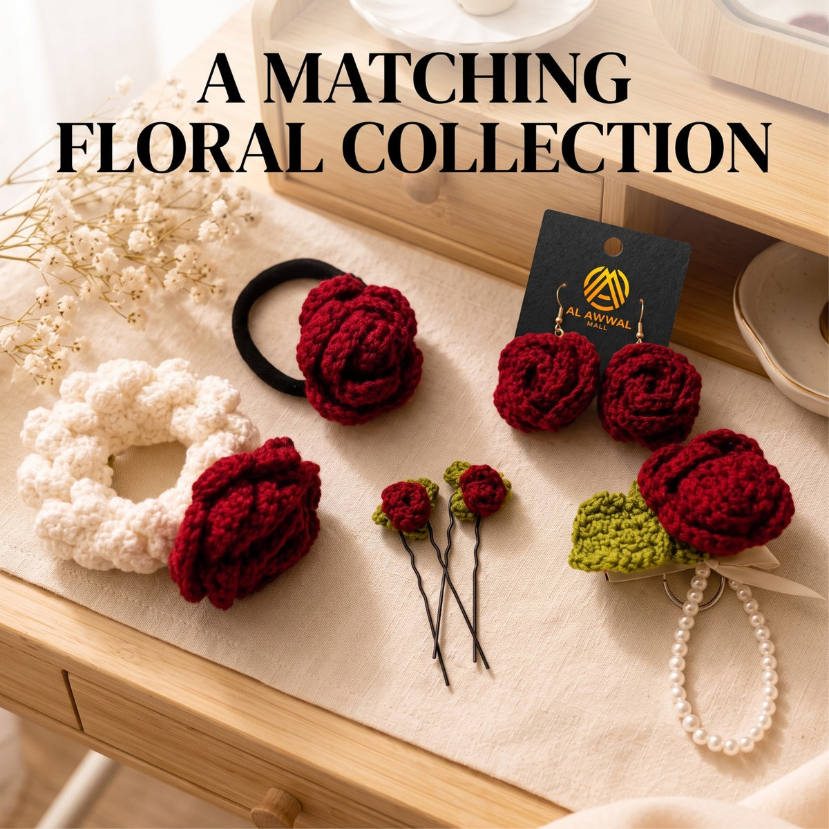 Handmade Crochet Bridal Jewelry Set with Floral Hair Accessories, Earrings and Bracelet