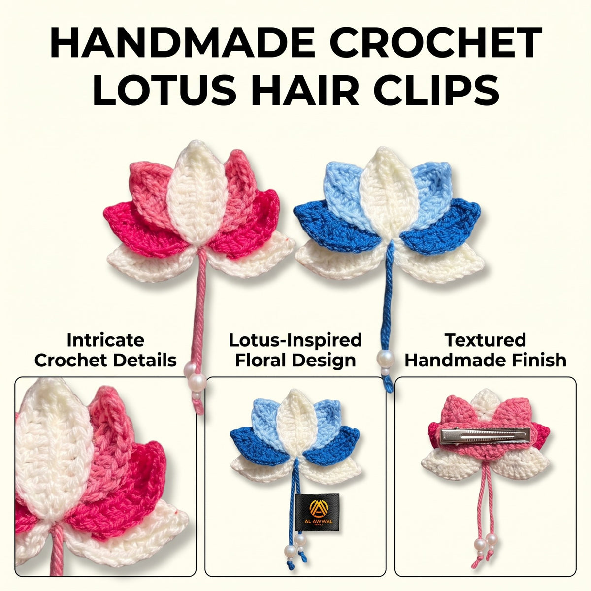 Handmade Crochet Floral Hair Pins with Pearl Bead Hangings in Pink, White and Blue