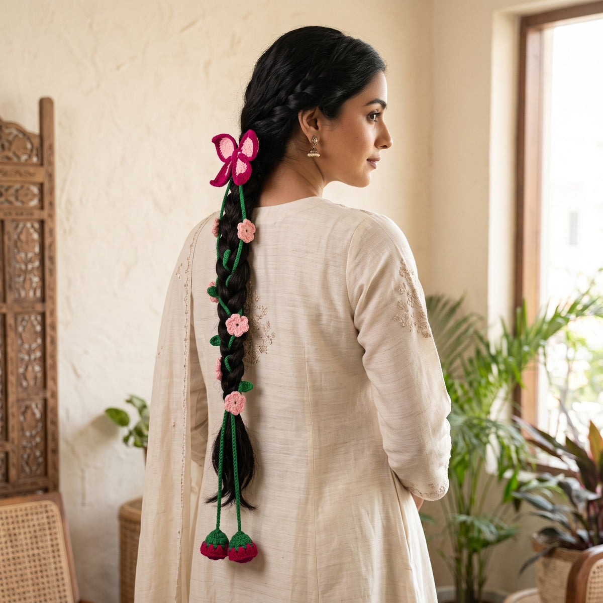 Handmade Crochet Paranda with Butterfly and Pink Red Floral Design