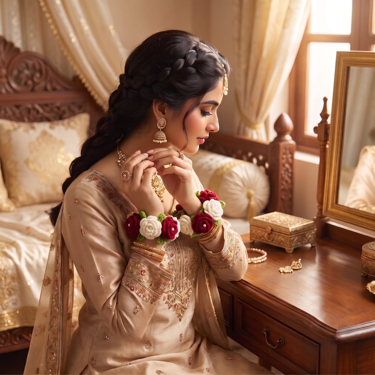 Handmade Crochet White and Maroon Rose Bridal Gajra with Pearls and Green Leaves