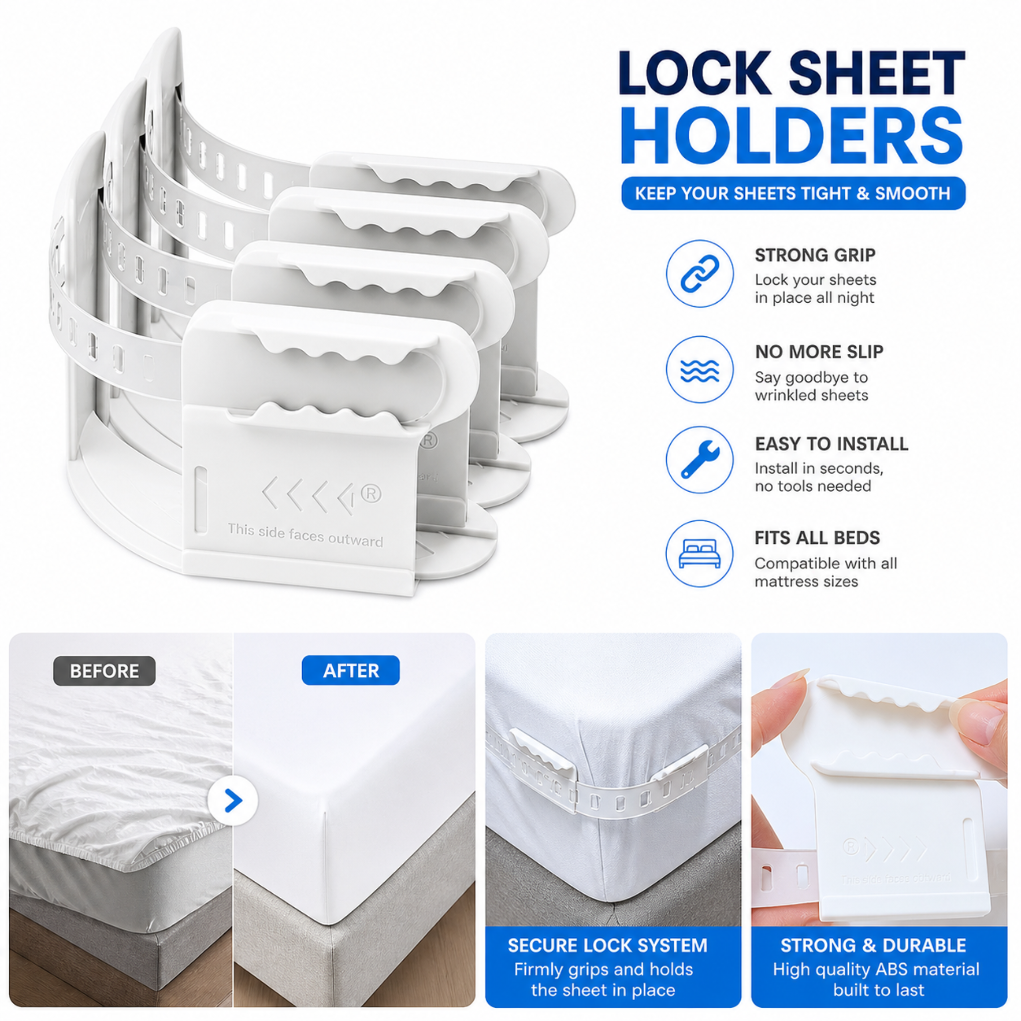 Premium Bed Sheet Holder Lock Set (4PCS) with Tucker Tool