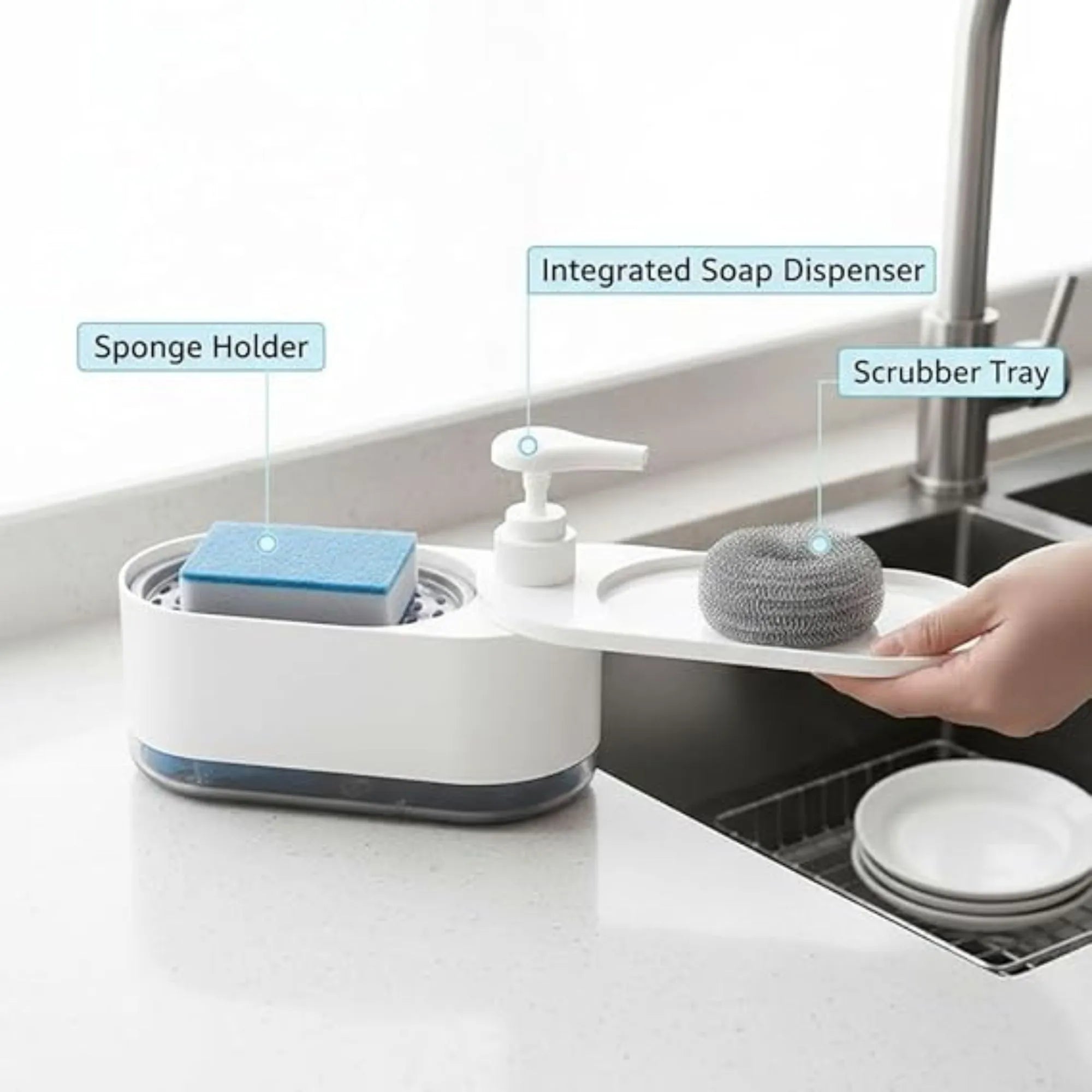 Versatile Kitchen Dishwashing Soap Dispenser with Dual Compartments Hand Wash & Sponge Tray