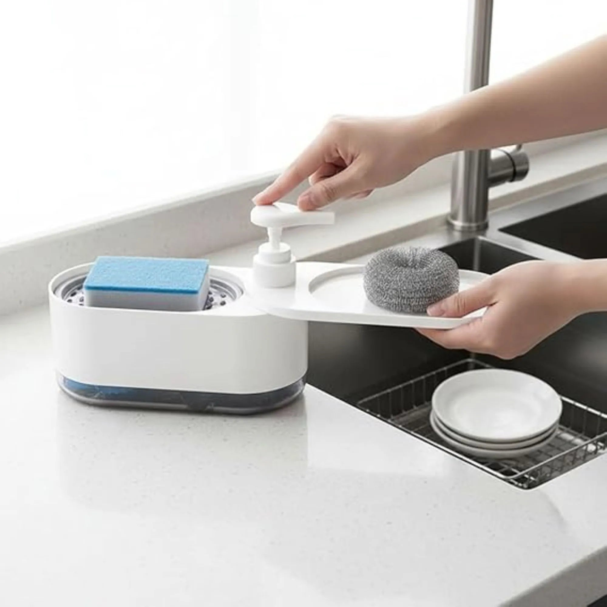 Versatile Kitchen Dishwashing Soap Dispenser with Dual Compartments Hand Wash & Sponge Tray