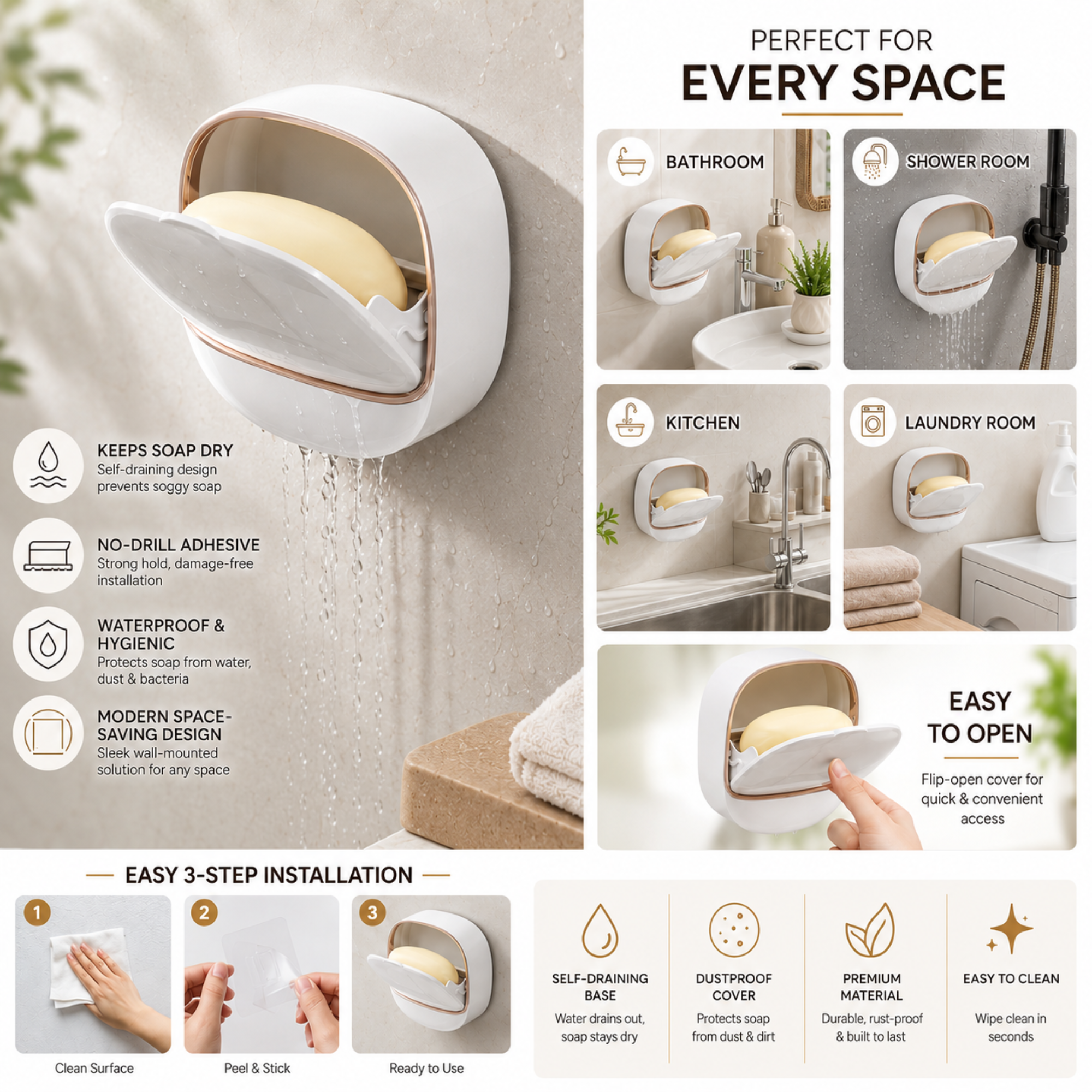 Luxury Wall Mounted Soap Holder with Flip Cover