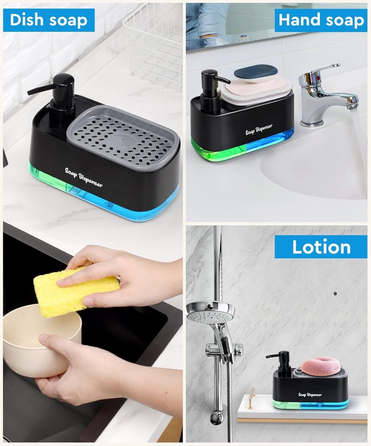 Kitchen Dishwashing Soap Dispenser with Dual Compartments Hand Wash & Sponge Tray